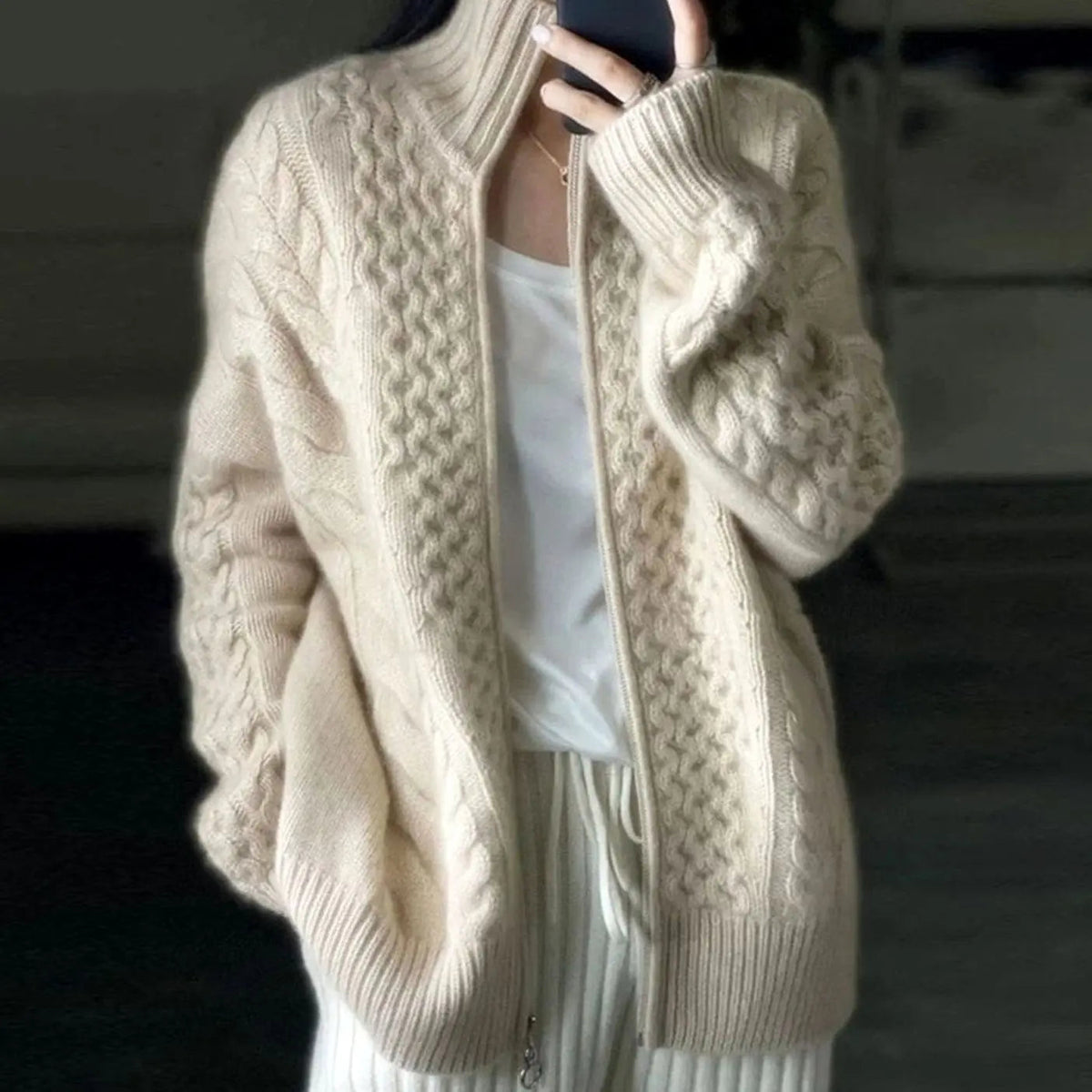 Cárdigan tipo jersey de punto trenzado para mujer con cremallera y cuello alto