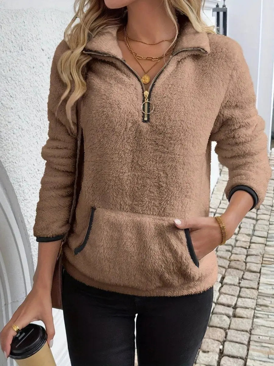 Jersey de punto para mujer, con media cremallera, tejido teddy mullido y estilo polar