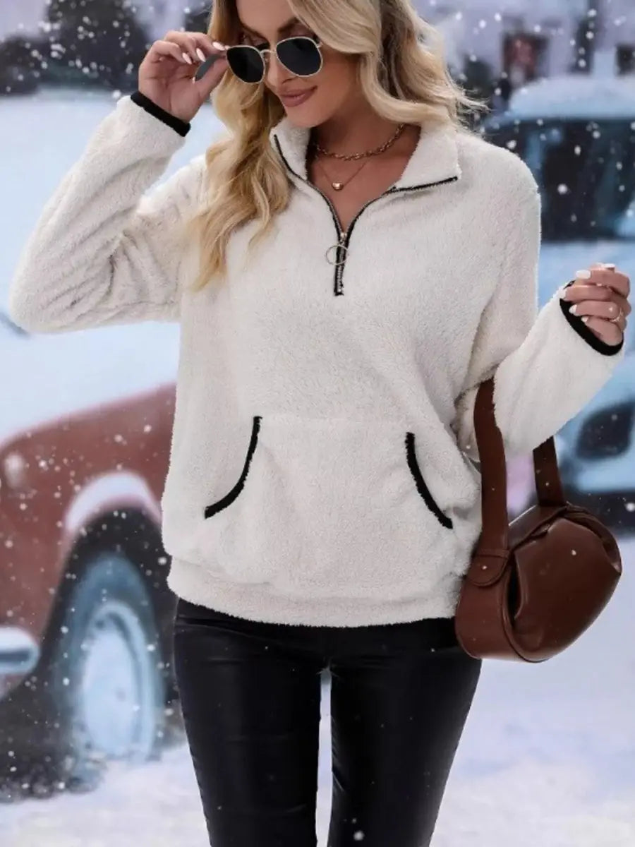 Jersey de punto para mujer, con media cremallera, tejido teddy mullido y estilo polar