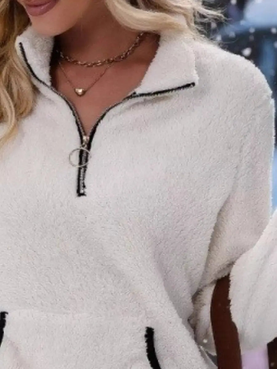 Jersey de punto para mujer, con media cremallera, tejido teddy mullido y estilo polar
