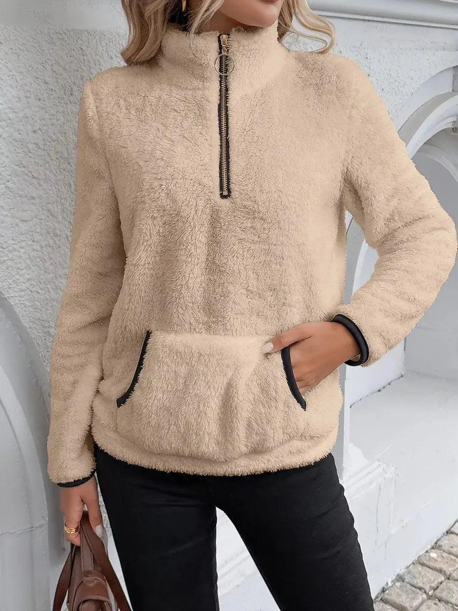Jersey de punto para mujer, con media cremallera, tejido teddy mullido y estilo polar