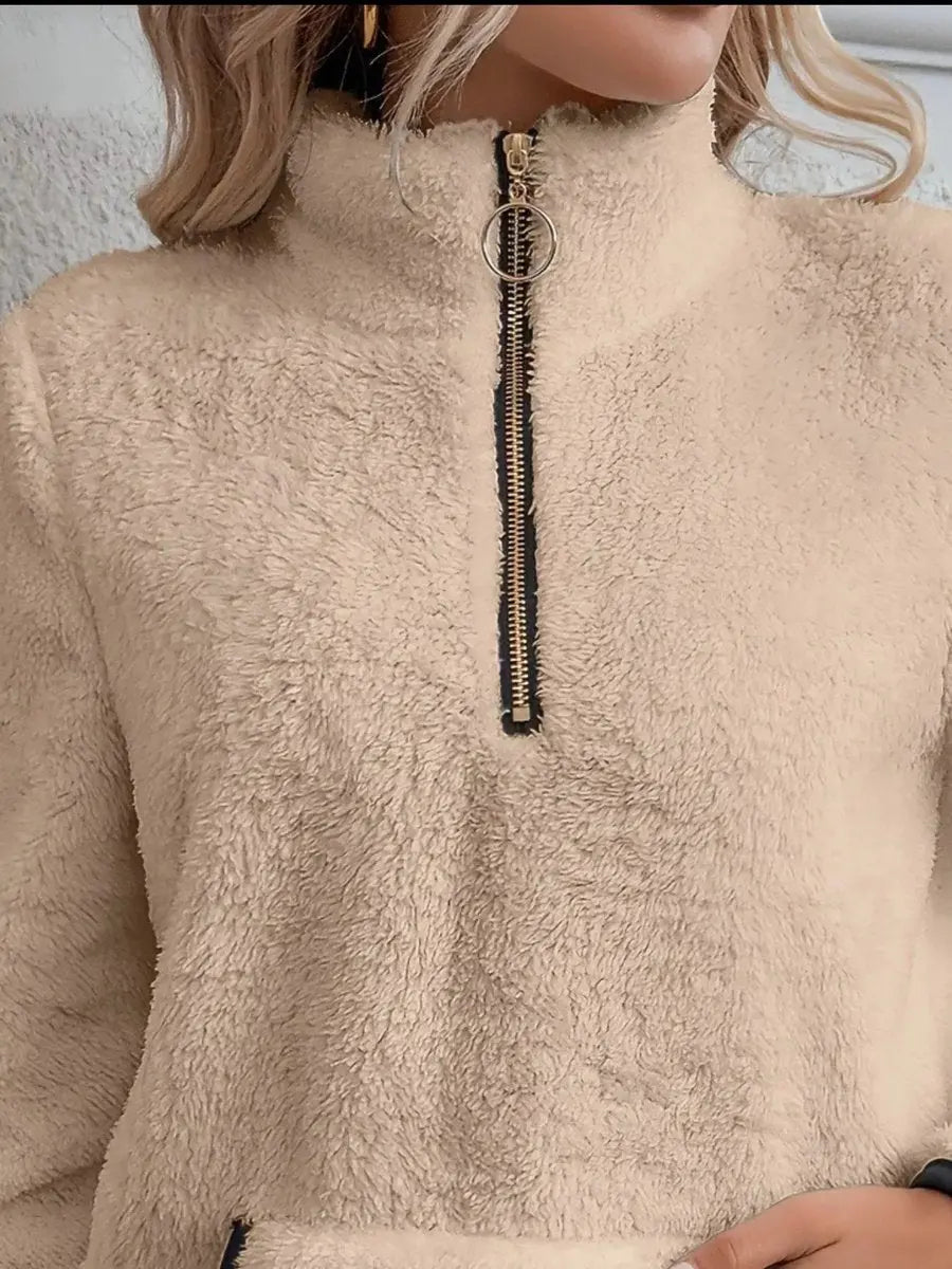 Jersey de punto para mujer, con media cremallera, tejido teddy mullido y estilo polar