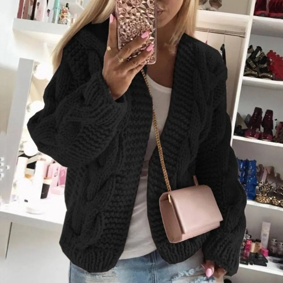 Cárdigan de punto grueso para mujer, extragrande, abierto por delante y con trenzado