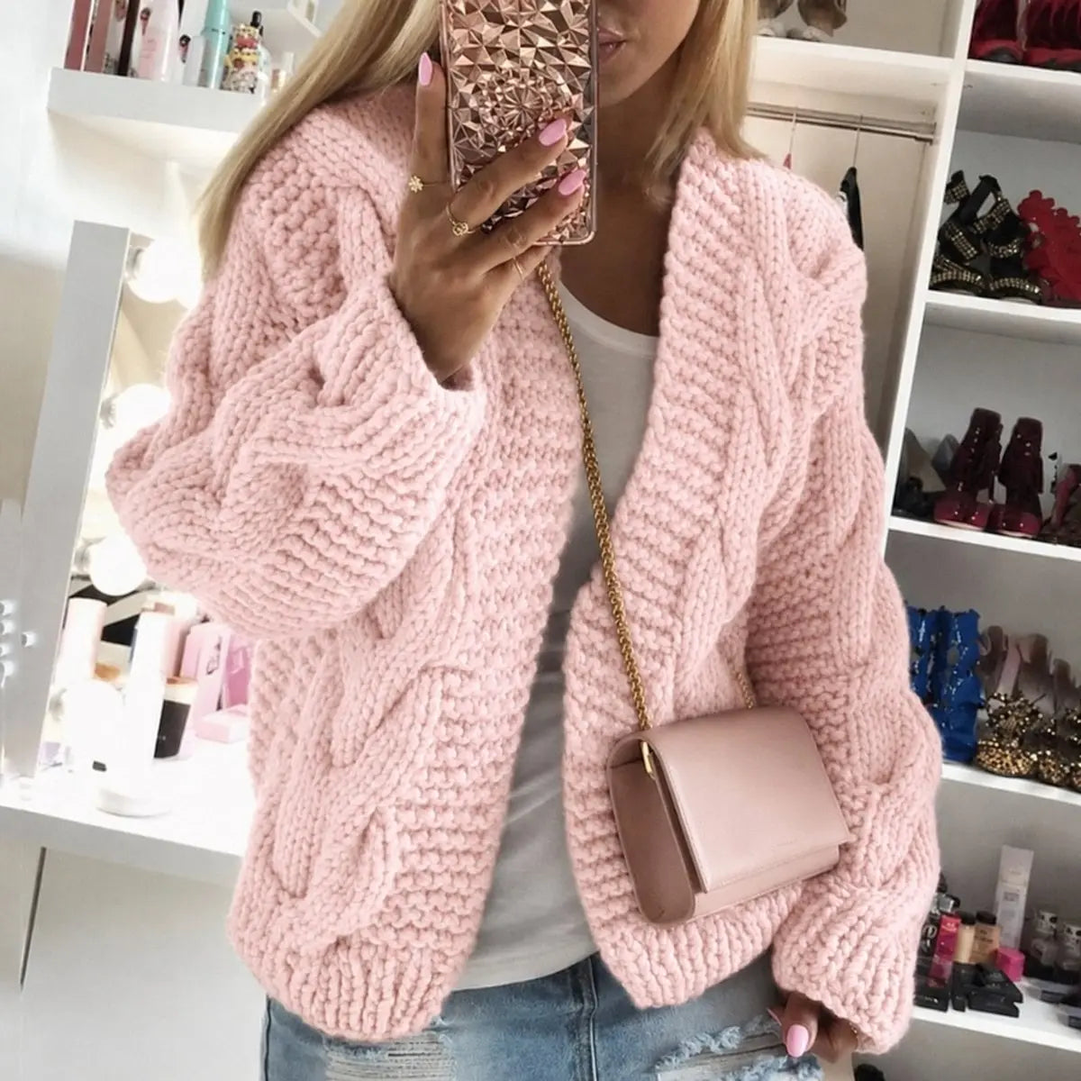 Cárdigan de punto grueso para mujer, extragrande, abierto por delante y con trenzado