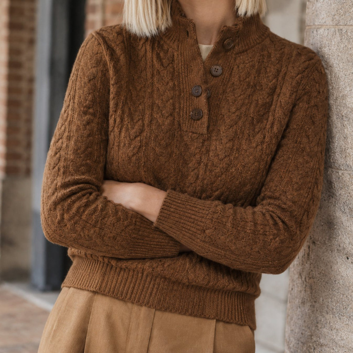 Jersey de punto para mujer de mezcla de cachemira, con trenzado y botones