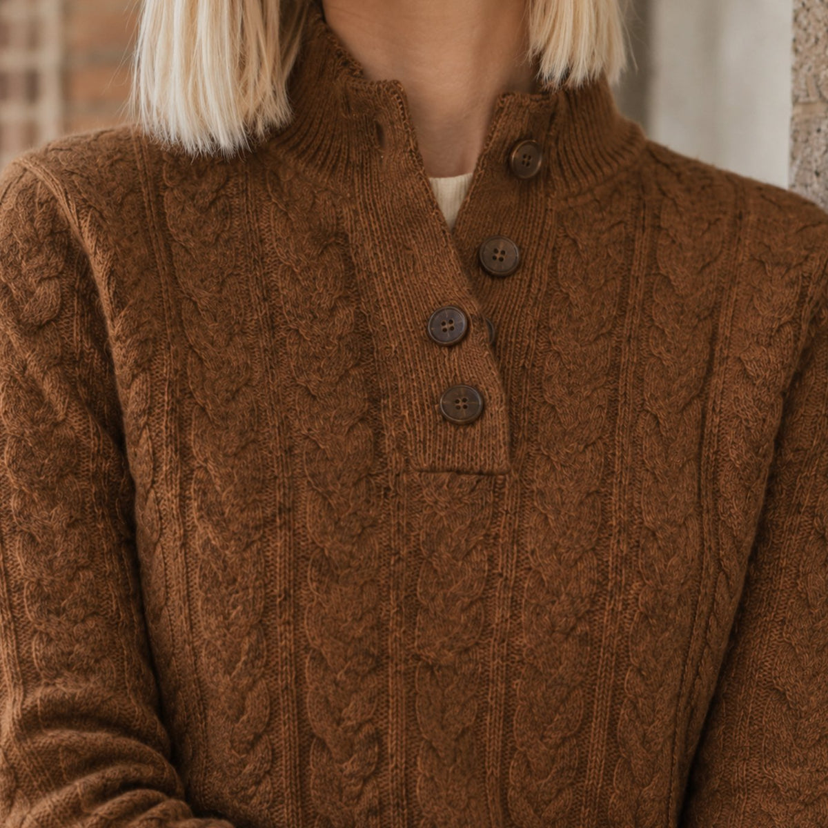 Jersey de punto para mujer de mezcla de cachemira, con trenzado y botones