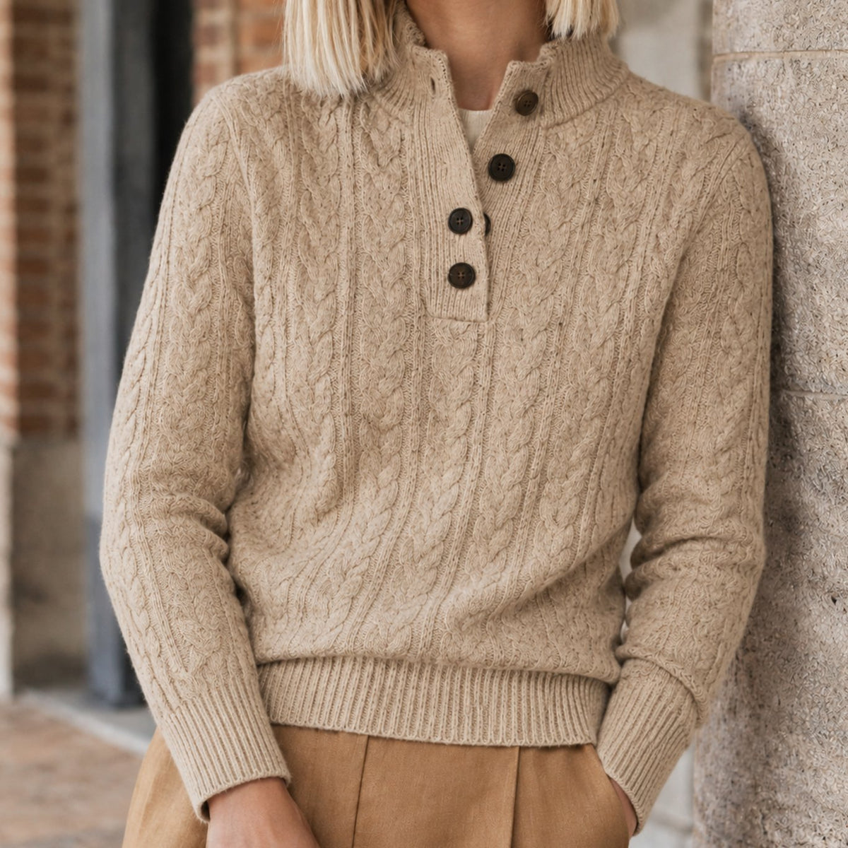 Jersey de punto para mujer de mezcla de cachemira, con trenzado y botones