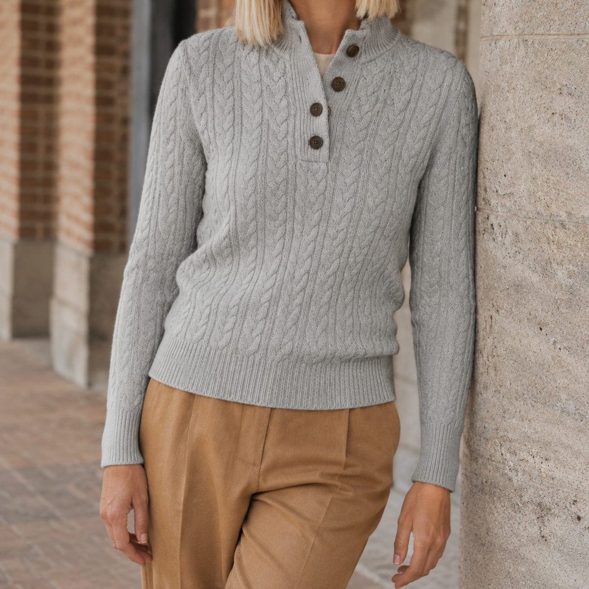Jersey de punto para mujer de mezcla de cachemira, con trenzado y botones