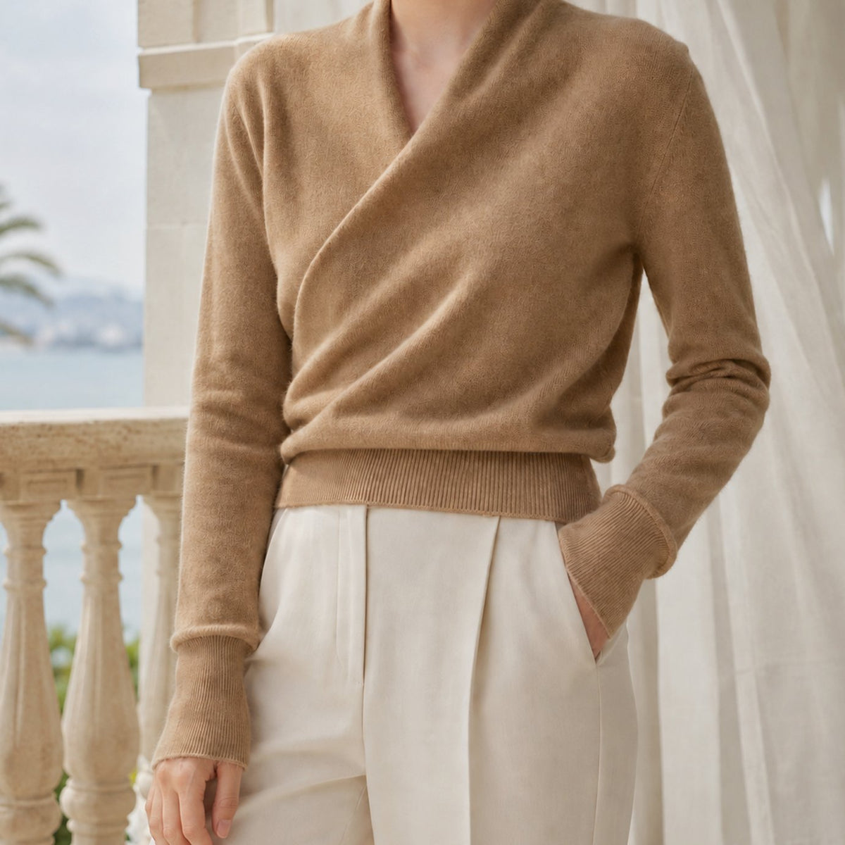 Jersey de punto para mujer de mezcla de cachemira, con cuello chal cruzado