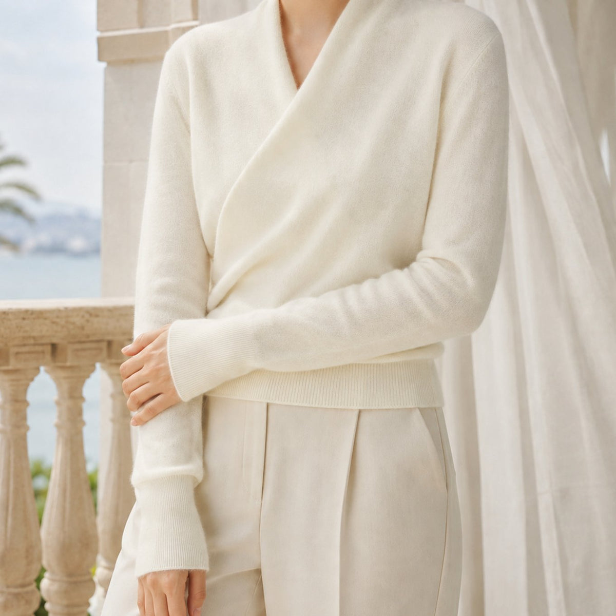 Jersey de punto para mujer de mezcla de cachemira, con cuello chal cruzado