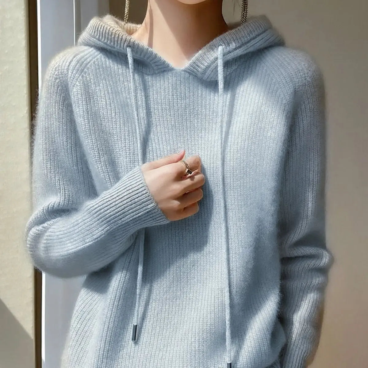 Jersey de punto para mujer de mezcla de cachemira y visón, con capucha ajustable con cordón