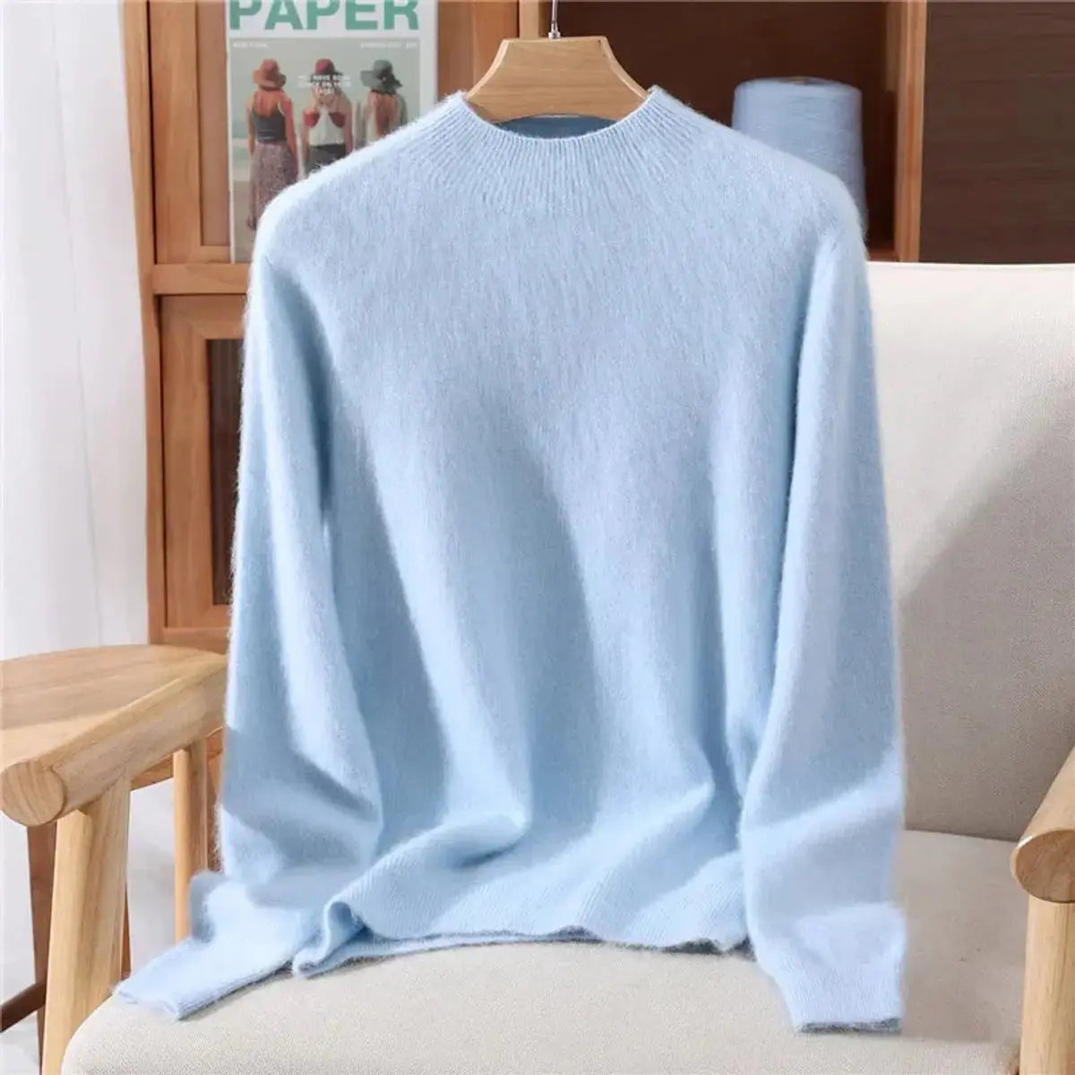 Jersey de punto suave de cachemira para mujer, de corte relajado y cuello chimenea