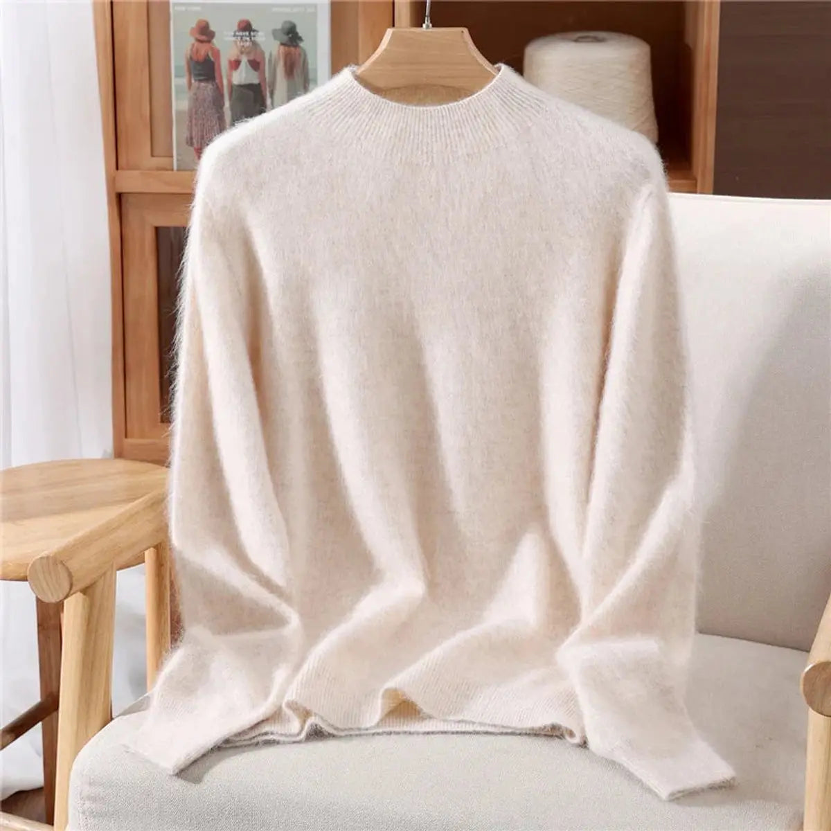 Jersey de punto suave de cachemira para mujer, de corte relajado y cuello chimenea