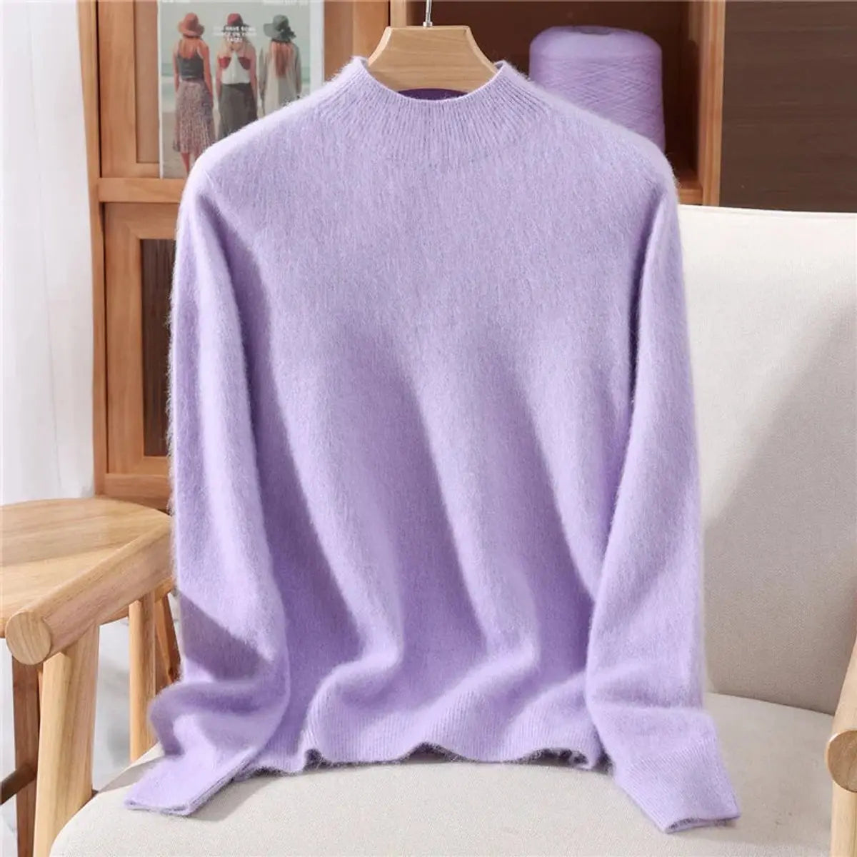 Jersey de punto suave de cachemira para mujer, de corte relajado y cuello chimenea