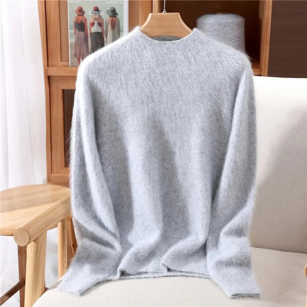 Jersey de punto suave de cachemira para mujer, de corte relajado y cuello chimenea