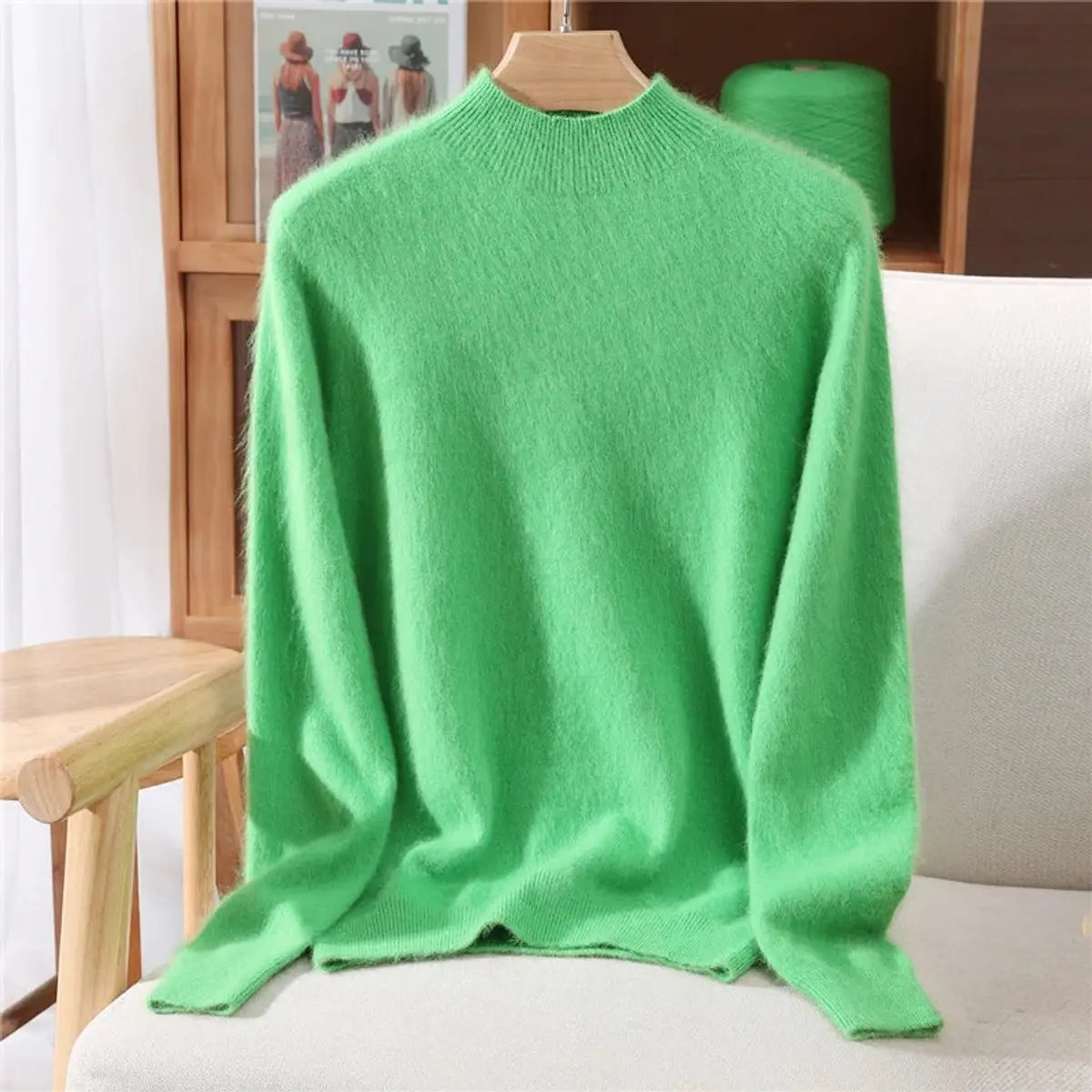 Jersey de punto suave de cachemira para mujer, de corte relajado y cuello chimenea