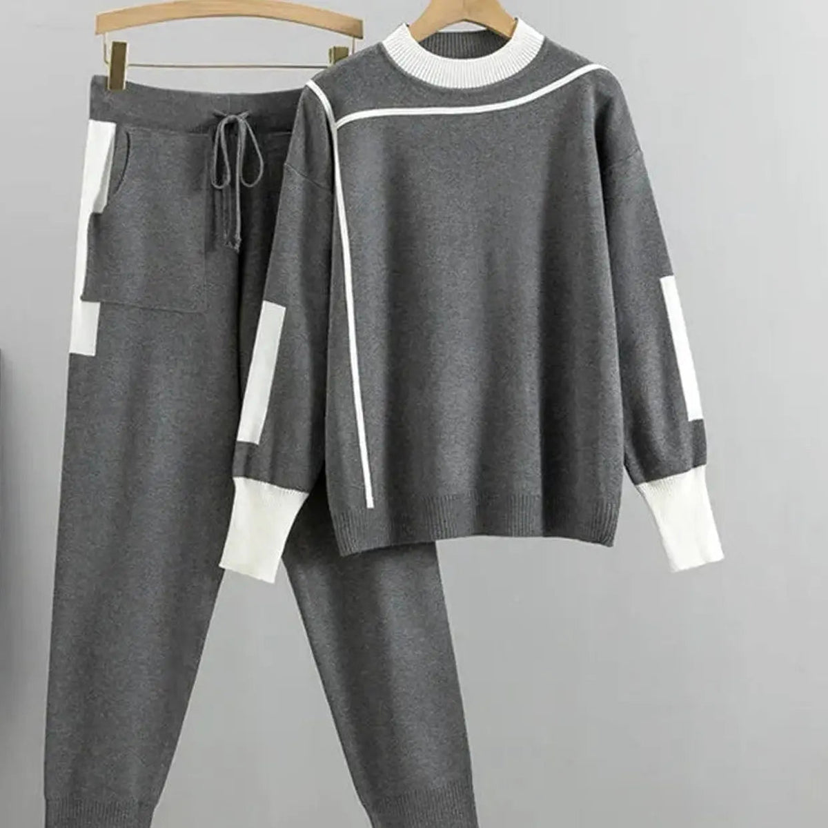 Conjunto informal de pantalón jogger de punto para mujer, de dos piezas con ribete en contraste