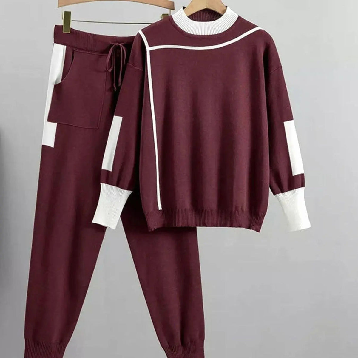 Conjunto informal de pantalón jogger de punto para mujer, de dos piezas con ribete en contraste
