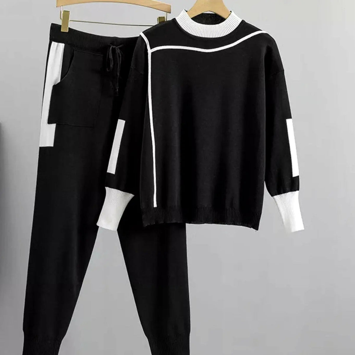 Conjunto informal de pantalón jogger de punto para mujer, de dos piezas con ribete en contraste