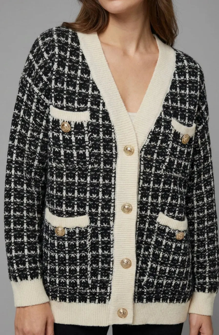 Cárdigan de punto estilo tweed de cuadros para mujer con escote en V