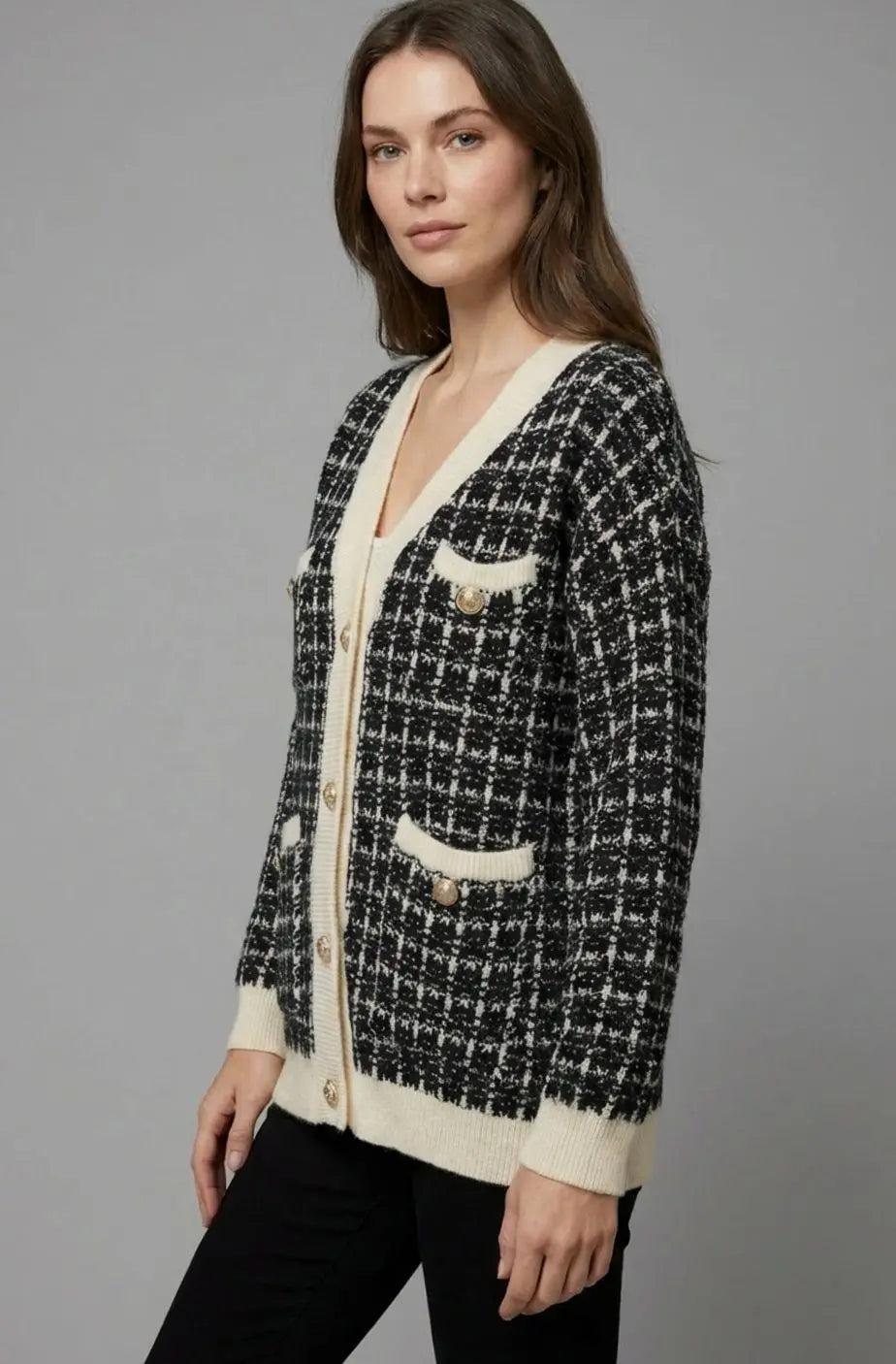 Cárdigan de punto estilo tweed de cuadros para mujer con escote en V