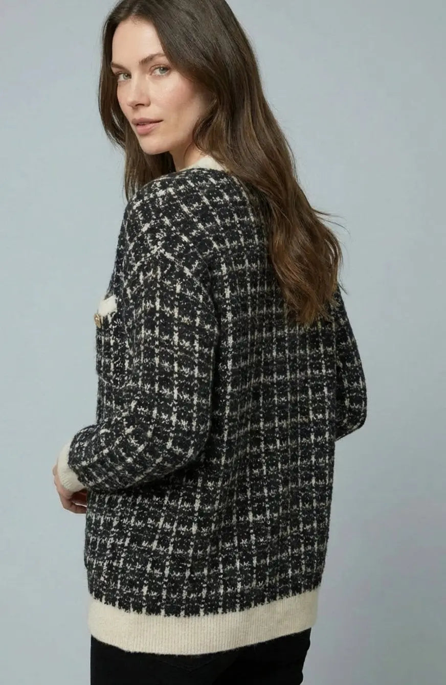 Cárdigan de punto estilo tweed de cuadros para mujer con escote en V