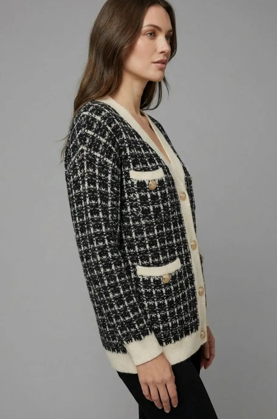 Cárdigan de punto estilo tweed de cuadros para mujer con escote en V