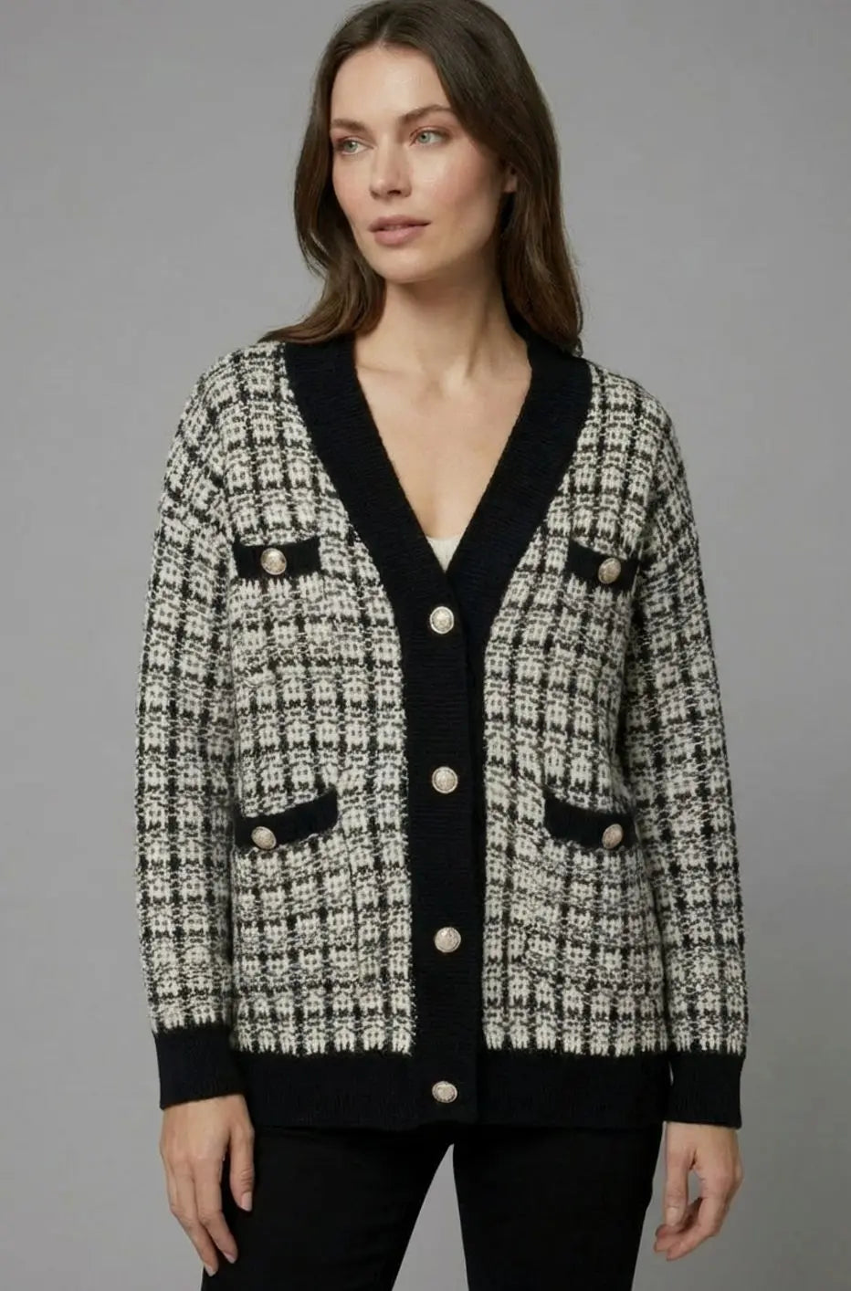 Cárdigan de punto estilo tweed de cuadros para mujer con escote en V