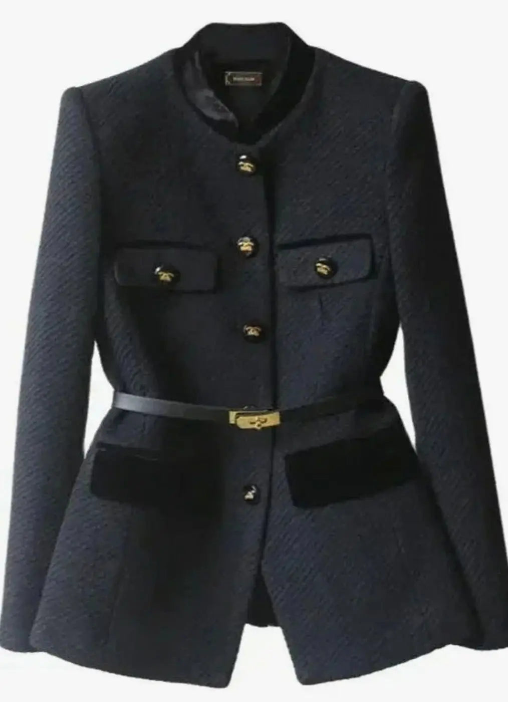 Abrigo de tweed elegante para mujer con cinturón y botones de estilo militar