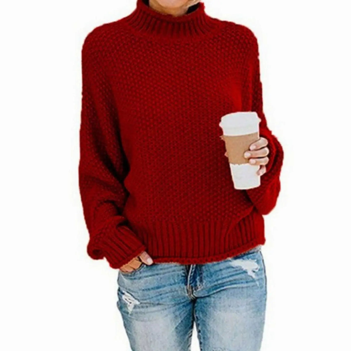 Jersey oversize de punto grueso para mujer con cuello alto