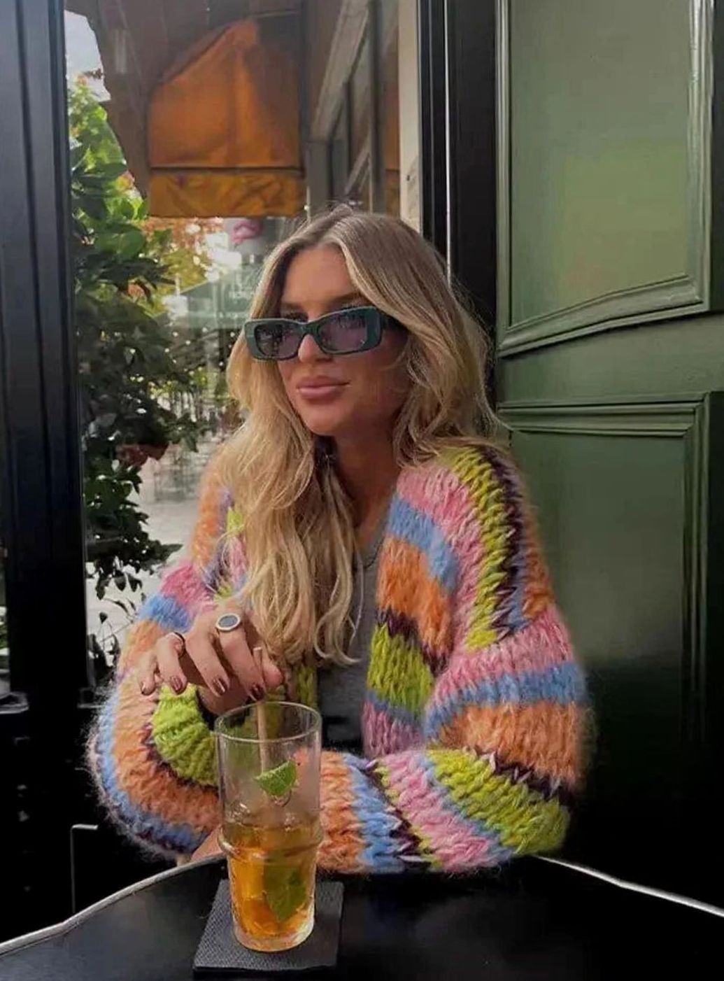 Cárdigan de punto grueso a rayas multicolor para mujer