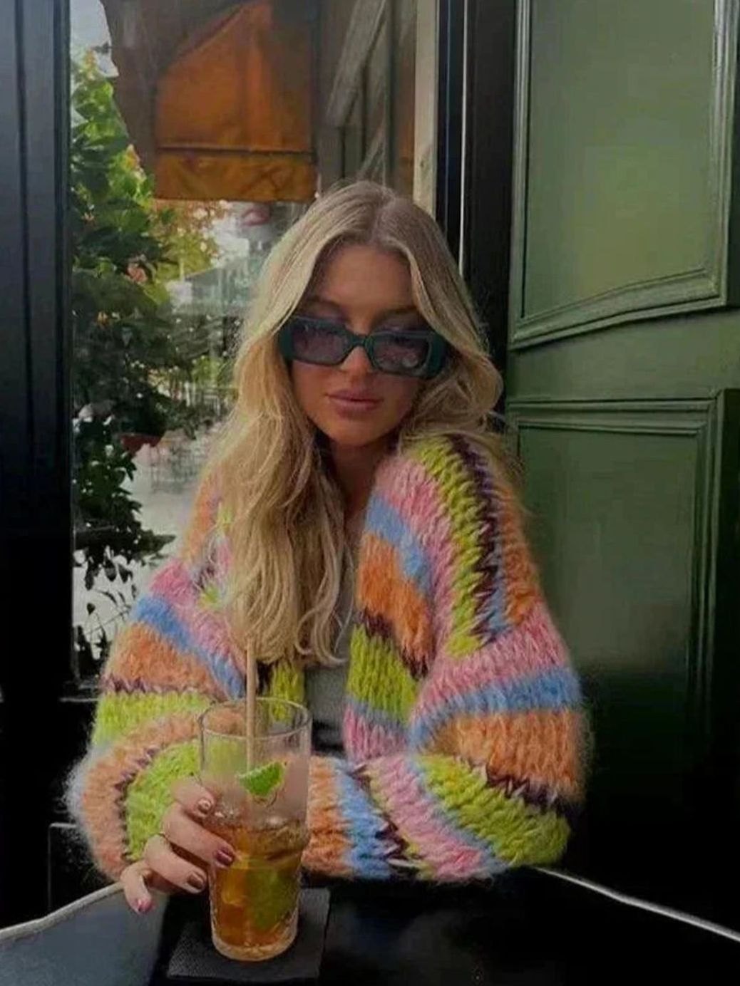 Cárdigan de punto grueso a rayas multicolor para mujer