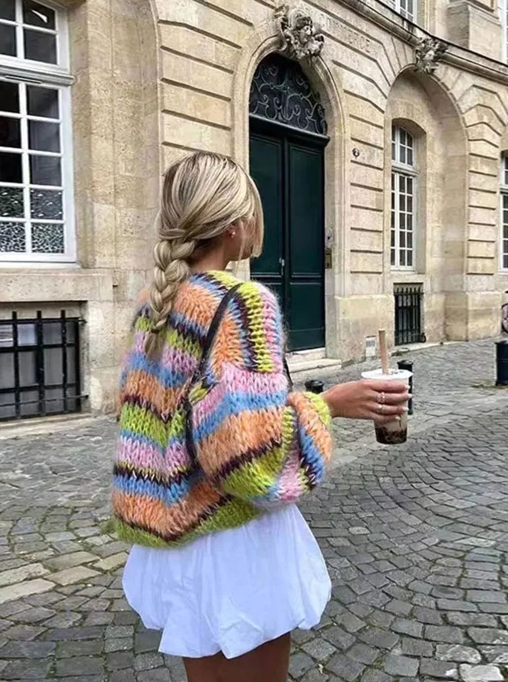 Cárdigan de punto grueso a rayas multicolor para mujer