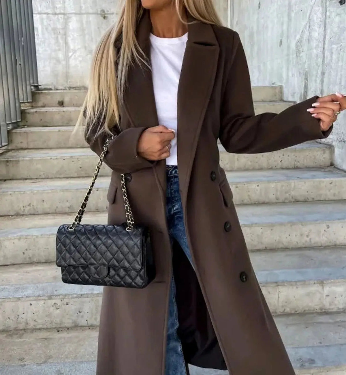 Gabardina larga clásica de doble botonadura para mujer