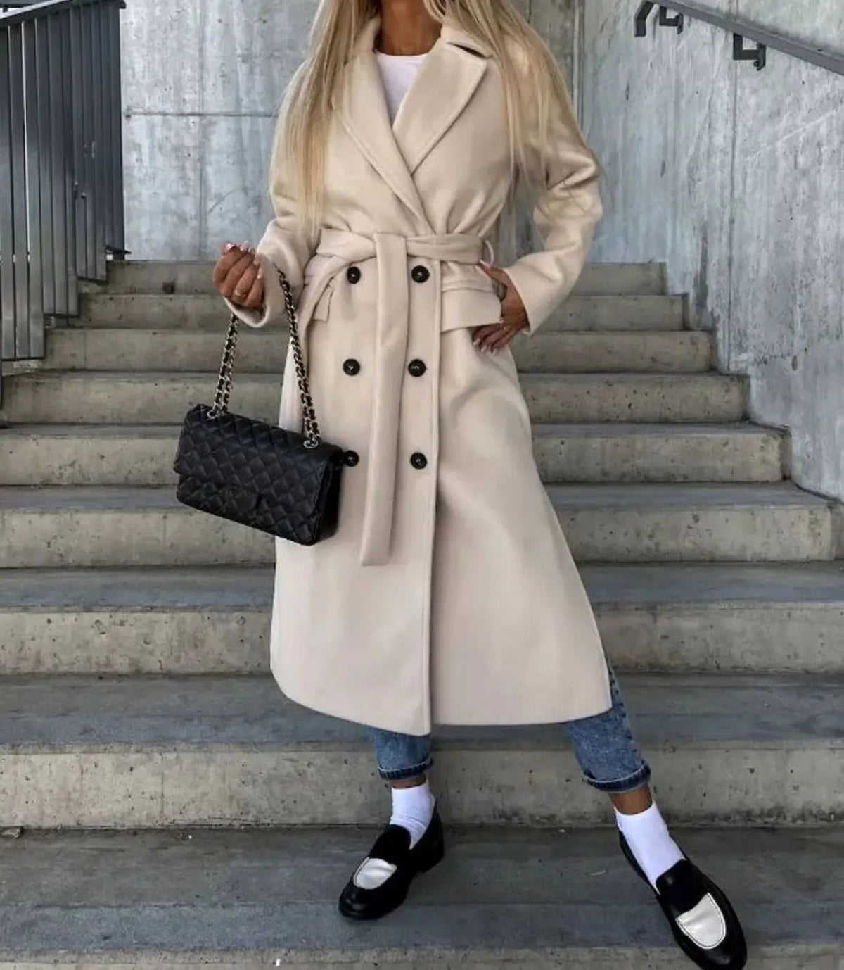 Gabardina larga clásica de doble botonadura para mujer