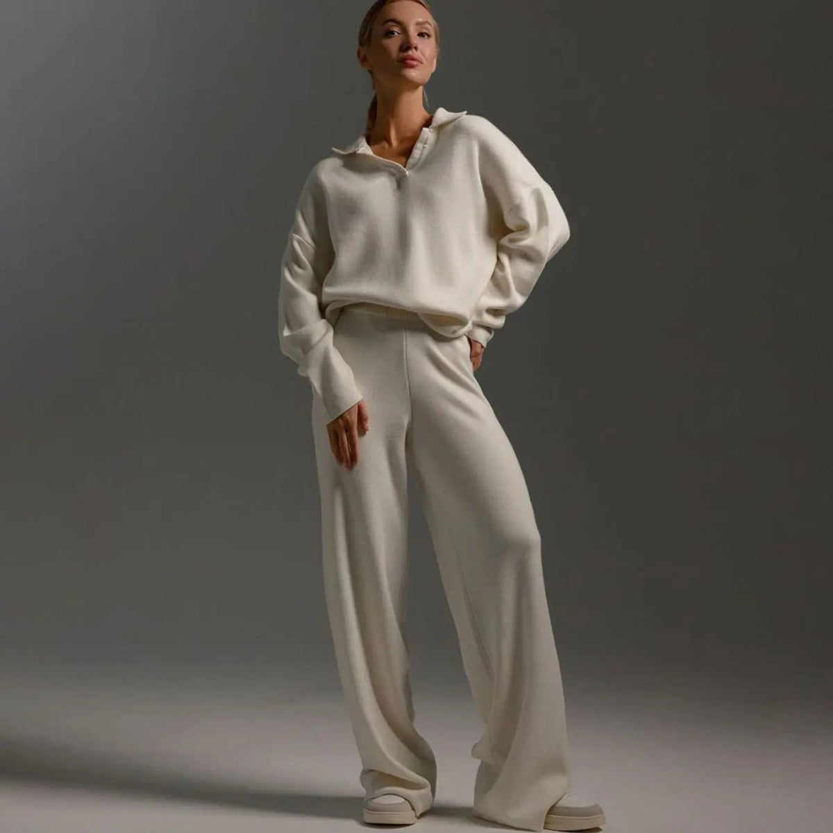 Conjunto de estar por casa de dos piezas para mujer, con cuello, corte relajado y pantalón de pierna ancha