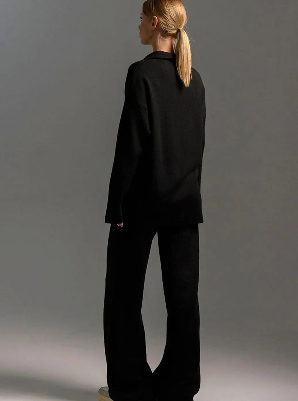 Conjunto de estar por casa de dos piezas para mujer, con cuello, corte relajado y pantalón de pierna ancha