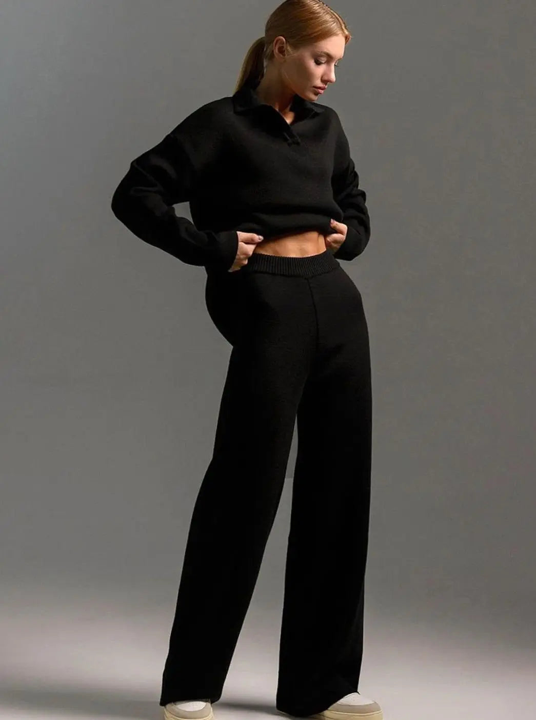 Conjunto de estar por casa de dos piezas para mujer, con cuello, corte relajado y pantalón de pierna ancha