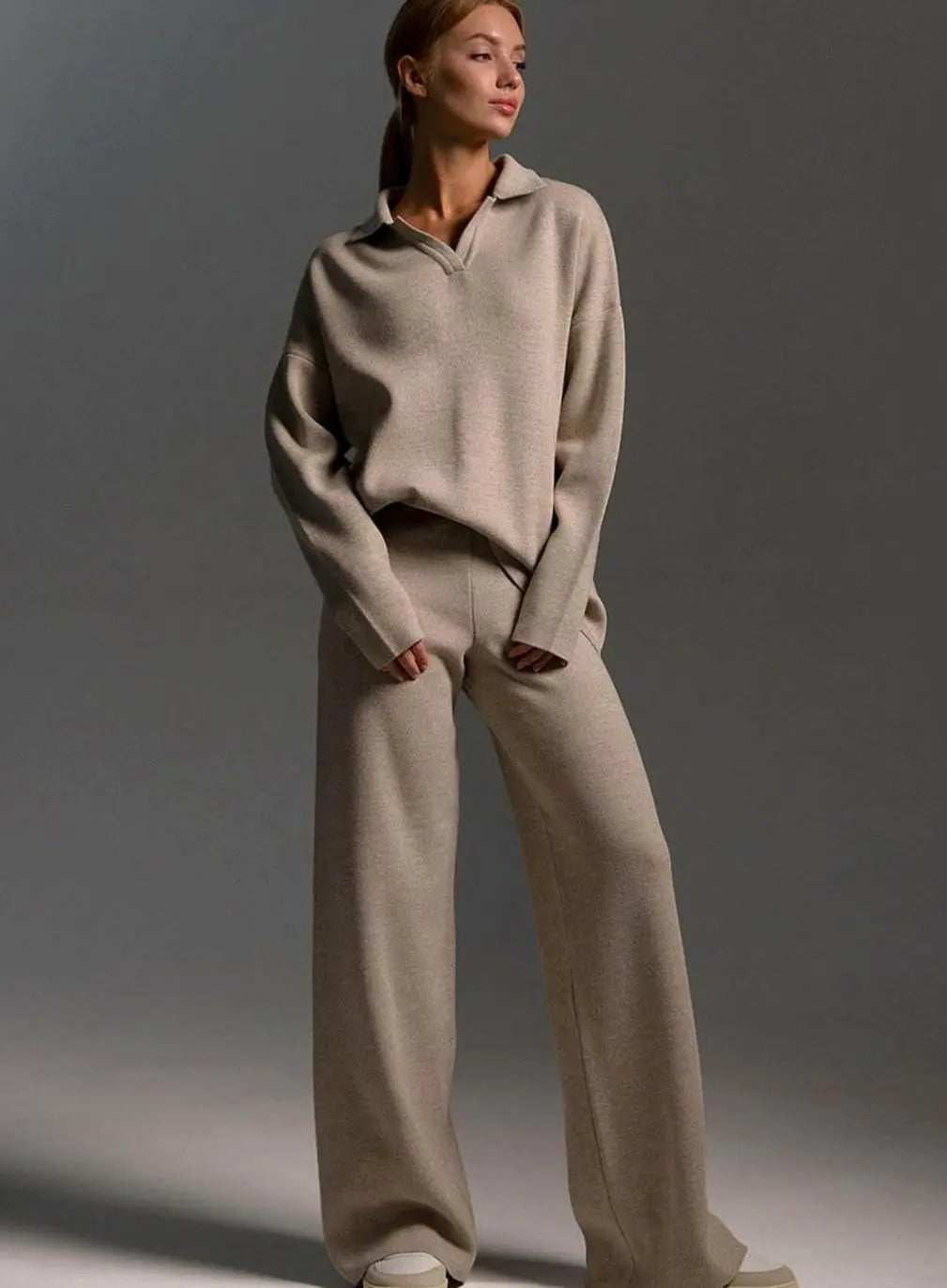 Conjunto de estar por casa de dos piezas para mujer, con cuello, corte relajado y pantalón de pierna ancha