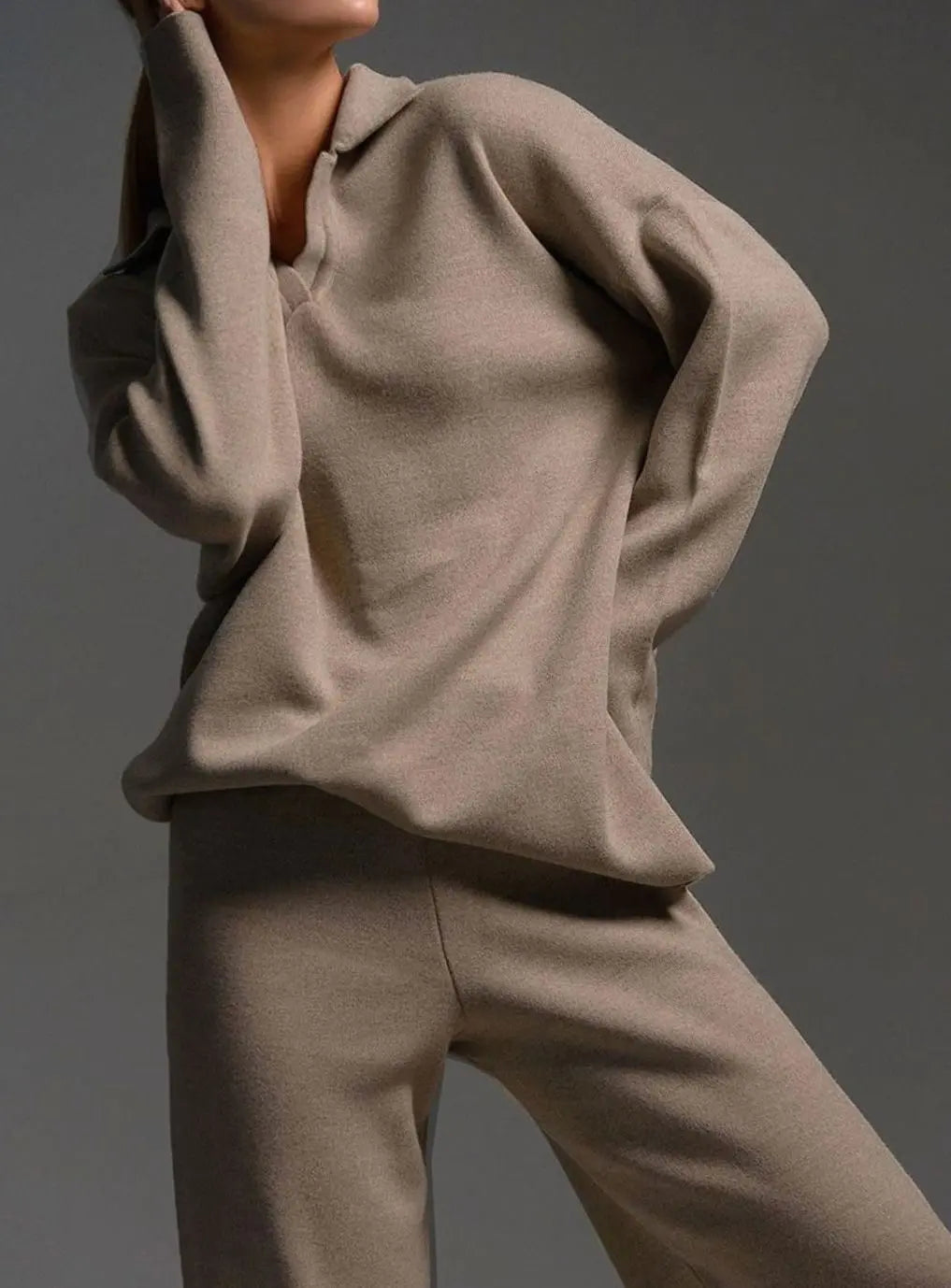 Conjunto de estar por casa de dos piezas para mujer, con cuello, corte relajado y pantalón de pierna ancha