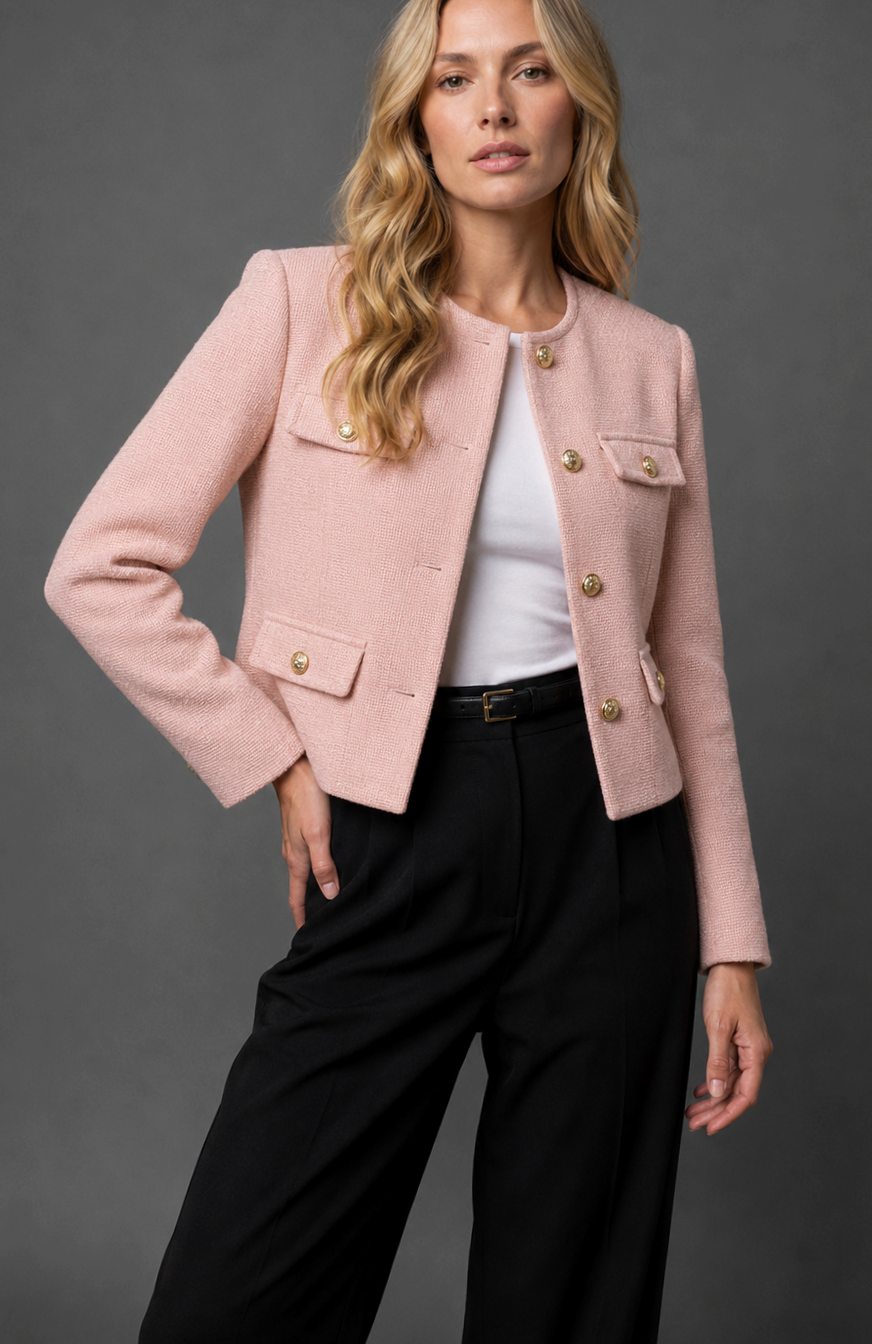 Blazer corto de tweed sin cuello para mujer con botones dorados y bolsillos con solapa