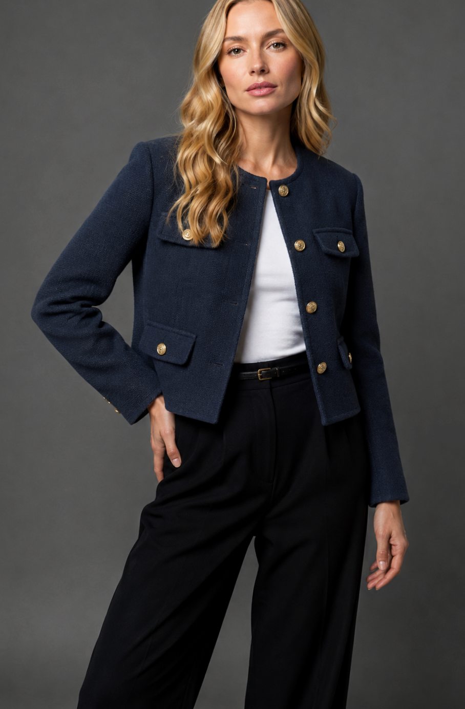 Blazer corto de tweed sin cuello para mujer con botones dorados y bolsillos con solapa