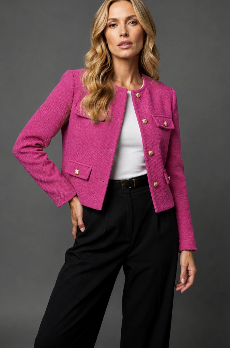 Blazer corto de tweed sin cuello para mujer con botones dorados y bolsillos con solapa