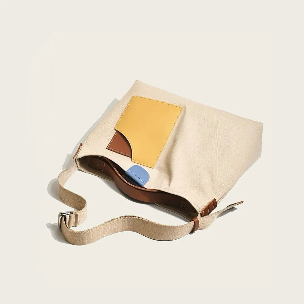 Bolso tote de lona para mujer con bloques de color, bolsillo de cuero PU y asa para el hombro