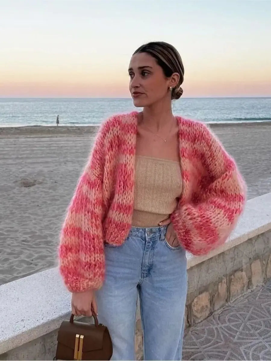Cárdigan corto de punto para mujer con bloques de color y diseño de patchwork