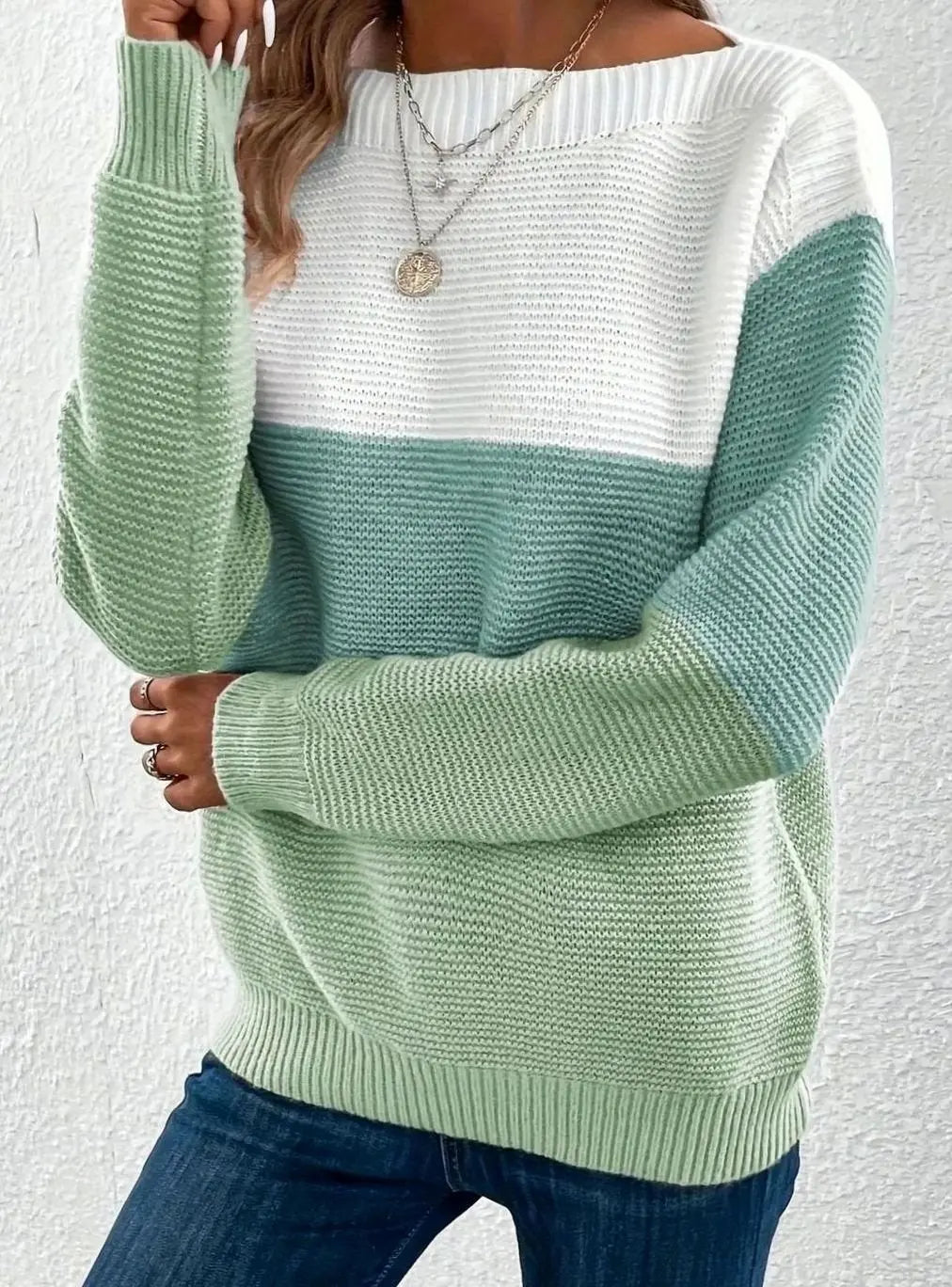 Jersey de cachemira para mujer con cuello alto, bloques de color y corte relajado