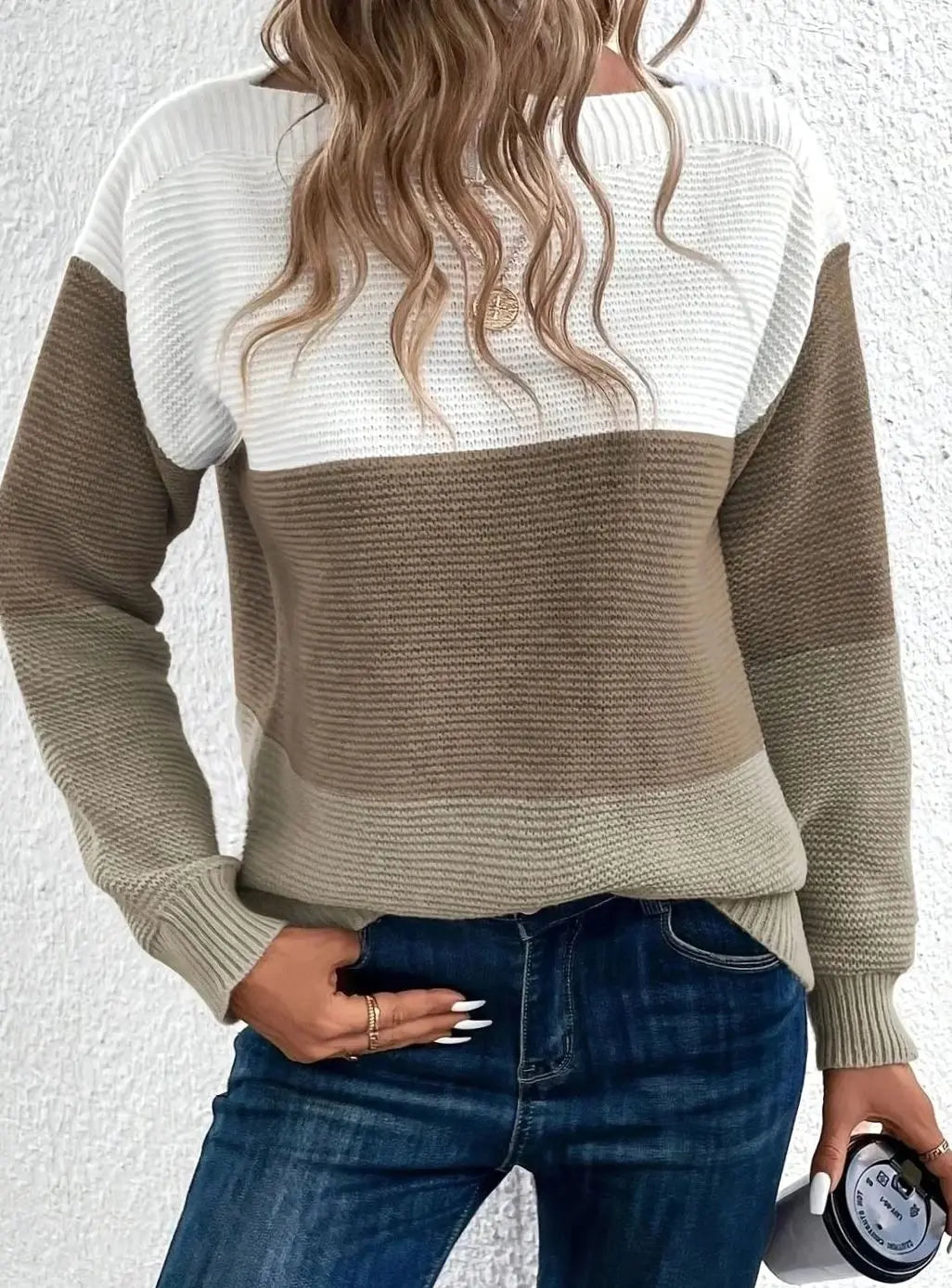 Jersey de cachemira para mujer con cuello alto, bloques de color y corte relajado