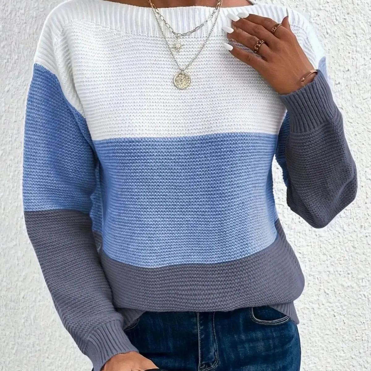 Jersey de cachemira para mujer con cuello alto, bloques de color y corte relajado