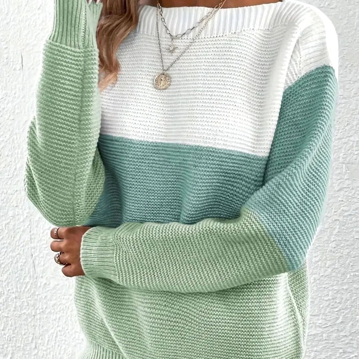 Jersey de cachemira para mujer con cuello alto, bloques de color y corte relajado