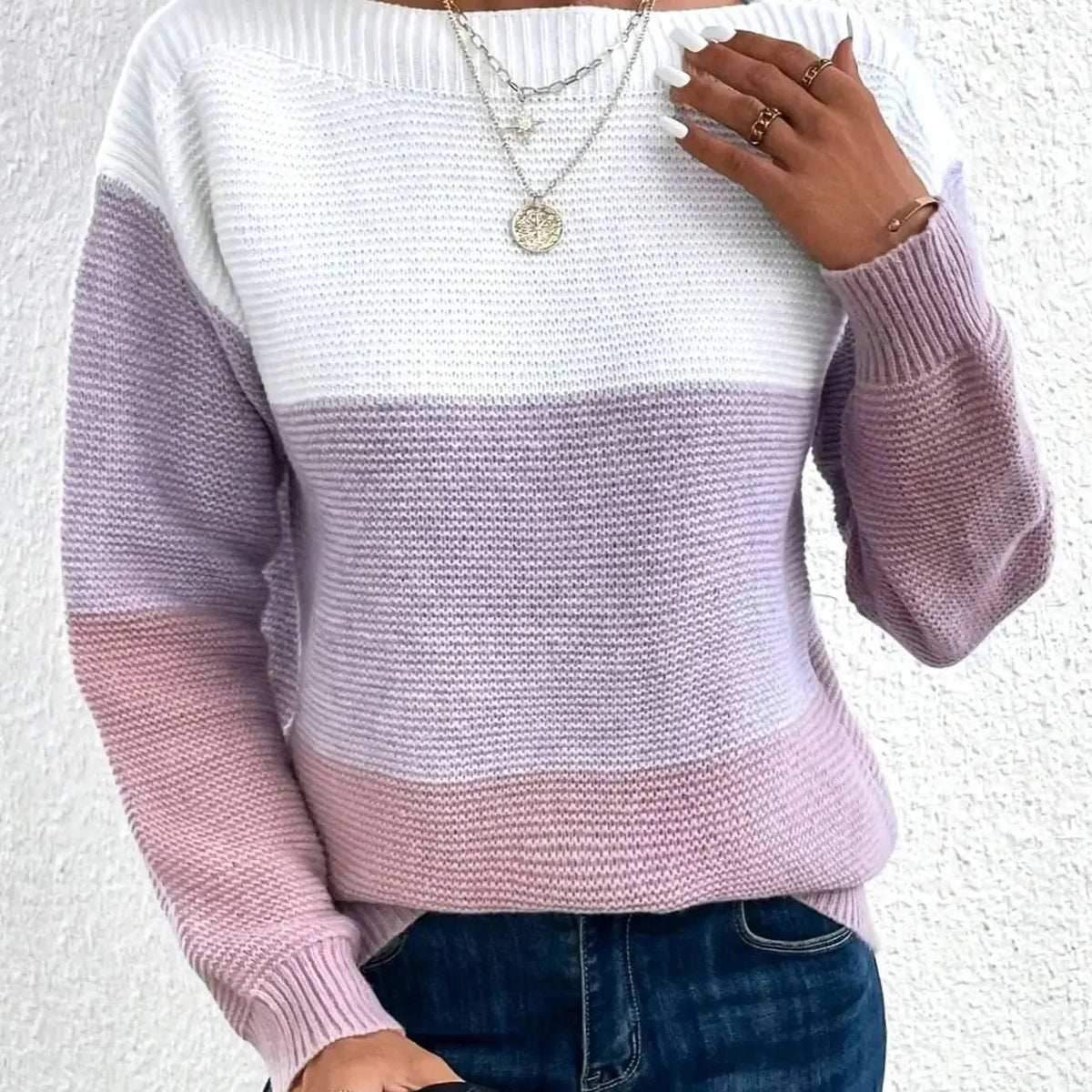 Jersey de cachemira para mujer con cuello alto, bloques de color y corte relajado
